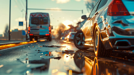Close up of a silver car accident on the road with sunlight, after an ambulance