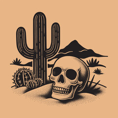Skull on the sand under a cactus in the desert. Vintage retro engraving illustration. Black icon, isolated element  © Victoria