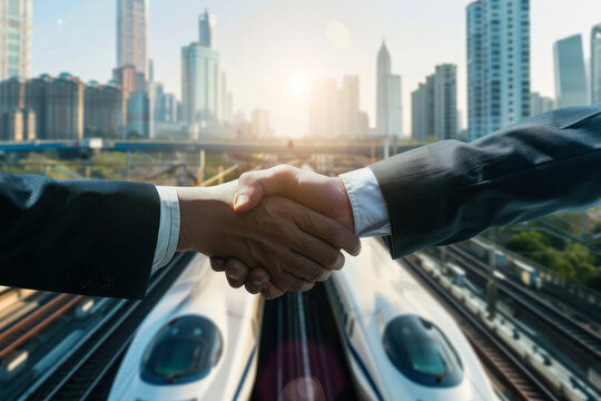 This image focuses on a handshake that represents agreement and trust, set against a backdrop of urban development and train motion