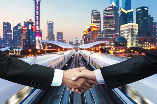 Image of a professional handshake in the foreground while city trains and skyscrapers provide a backdrop of modernity and motion