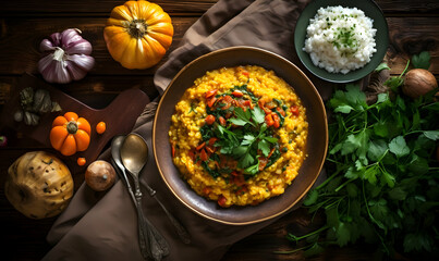 Couscous with pumpkin and chickpeas on wooden background - obrazy, fototapety, plakaty