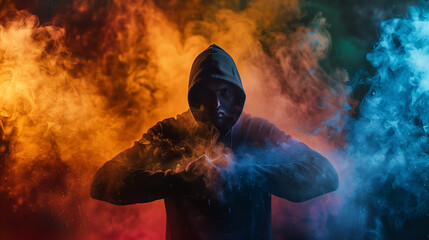 A man is standing in front of a colorful background with smoke and fire. He is wearing a hoodie and he is in a dark mood