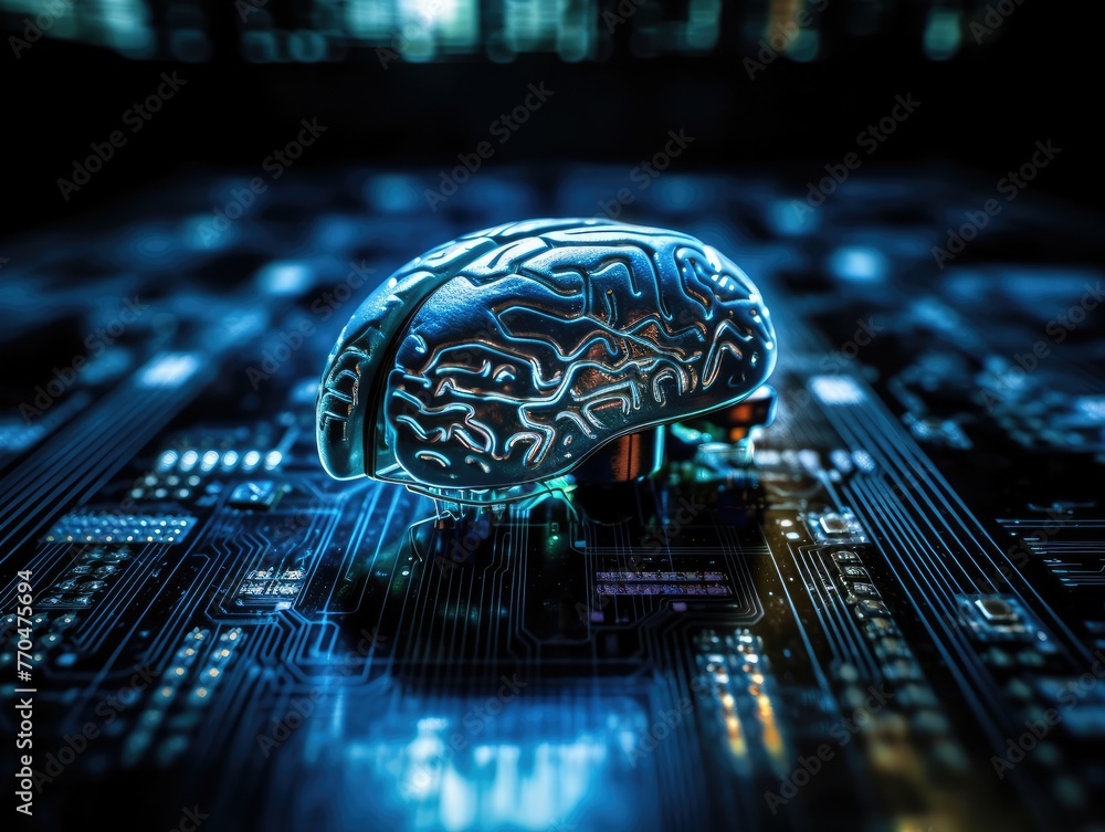 Aufkleber 3d rendering of brain on circuit board. brain made up of blue, white matter, surrounded by network o