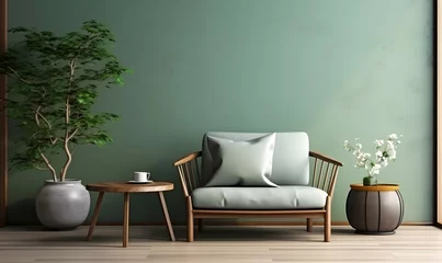 Fotobehang Living room with green wall and sofa, 3d rendering. Computer digital drawing © Ilham