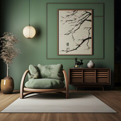 Living room with green wall and sofa, 3d rendering. Computer digital drawing