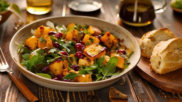A hearty salad of winter greens roasted squash and cranberries is served with a side of warm crusty bread and herbinfused olive oil.