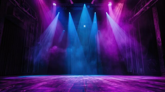 Empty stage with vibrant blue and purple stage lights and smoke effects, creating a dramatic atmosphere.