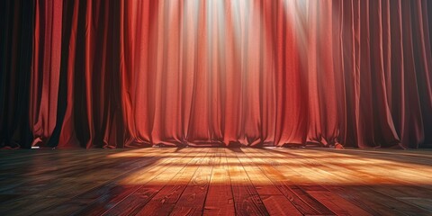 Red theater curtains with dramatic lighting on wooden stage floor, concept for performance and entertainment.