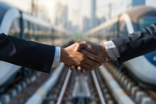 Business handshake with one person handing over a censored card, next to a futuristic high-speed train