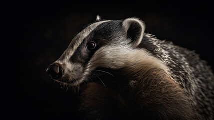 Close up of badger's face. Badger looking to left of frame. Its fur black, white. Background black.