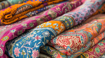 Detailed closeup showcasing the patterns and colors of beautifully embroidered textile pieces