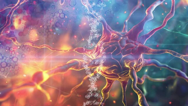  A close-up illustration of specialized brain cells interacting with neurotransmitters in a complex network