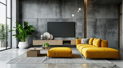 Modern living room interior with yellow sofa, TV, and indoor plants. Stylish home decor with concrete walls and large windows.