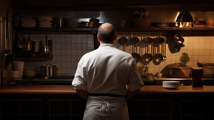 A chef standing with his back to the camera wearing a white chefs coat and apron looking at the kitchen counter