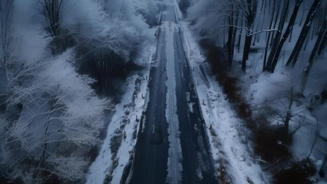 A dark deserted road with icy patches tered throughout warning of black ice ahead. Bare leafless trees frame the scene. . AI generation.
