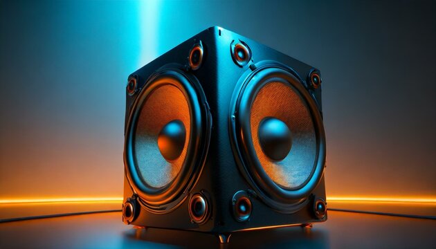 Electronic music equipment set-up featuring black and orange speakers with neon backlighting