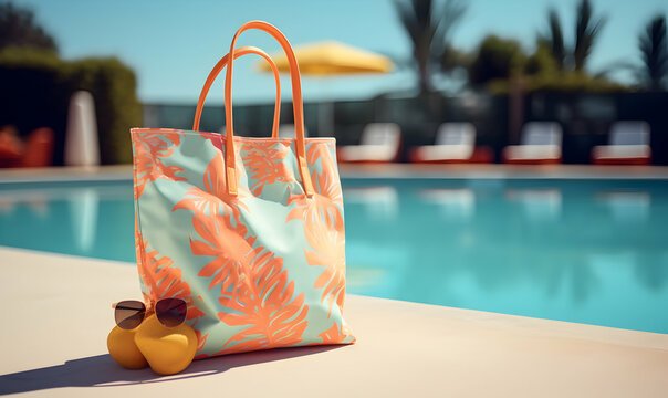 Black bag and sunglasses on the edge of swimming pool. 3d rendering