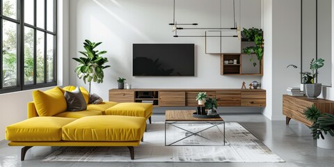 Modern living room interior with yellow sofa, wooden furniture, and indoor plants. Bright, minimalist design with large windows. - obrazy, fototapety, plakaty