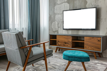 A gray sofa and turquoise armchair contrast with a wooden TV by AI generated image