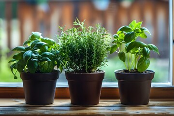 Herbs in a pots on the window.