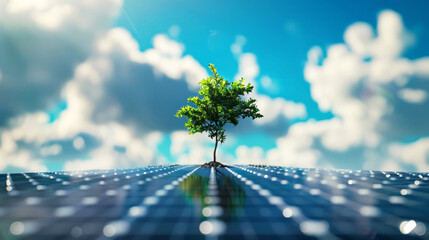tree sprouting from the center of a field of solar panels, symbolizing the growth of renewable energy	