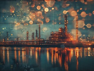 Pipeline and pipe rack of petroleum industrial plant with night sky background, vintage background