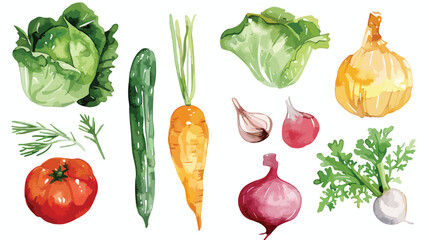 Watercolor set with vegetables flat vector