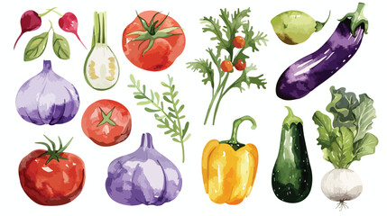Watercolor set with vegetables flat vector