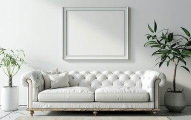Elegant living room interior with a white tufted sofa, blank picture frame, and potted plants.