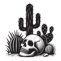 Skull on the sand under a cactus in the desert. Vintage retro engraving illustration. Black icon, isolated element  © Victoria