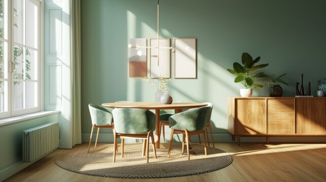 Modern round room with a round table and green chairs near wooden cabinet, abstract picture frame on the green mint wall. home dining area