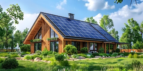 Eco Friendly Solar Powered Wooden Cabin in Lush Green Countryside with Sustainable Living and Copy Space - obrazy, fototapety, plakaty