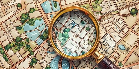 Magnifying Glass Over Detailed Neighborhood Map Highlighting Property Search and Real Estate Data