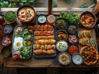dishes at the table, Aerial view that capture detailed textures of food and drink
