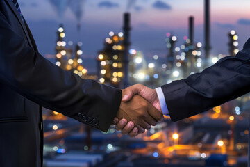Two businessmen shake hands with an oil refinery at dusk, thematic of energy deals