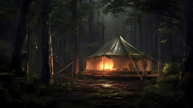 an image that captures the tranquil beauty of a forest retreat at night, highlighting the peaceful coexistence of a tent and the gentle rain that enhances the atmosphere for relaxation and meditation