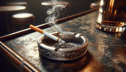 Fototapeta na wymiar A cigarette lies on the edge of the ashtray. A thin stream of smoke rises from the cigarette.