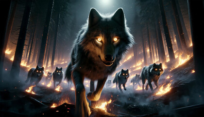 A pack of wolves running away from a forest fire at night. Their glowing eyes, intense expressions and firelight illuminating their fur against the backdrop of a dark, smoky forest. Wild animals fleei