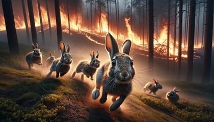 Rabbits running away from a blazing forest fire. Fear and fast movements of rabbits against the backdrop of approaching flames and a smoky forest. Wild animals escape from the fire. - obrazy, fototapety, plakaty