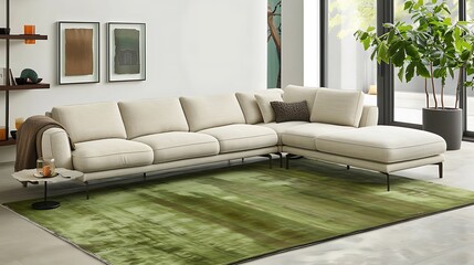 an image that illustrates the synergy between a cream sectional sofa and an olive green rug, emphasizing the grounding effect of the rug on the overall design of the room