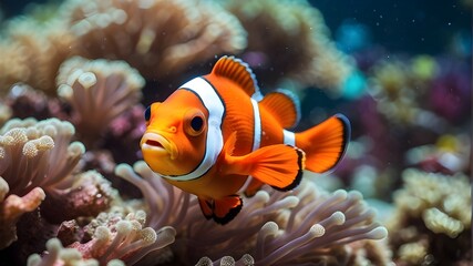 close-up of a stunning clown fish, also known as an anemonefish (Amphiprion ocellaris), swimming elegantly amid a vivid coral reef.