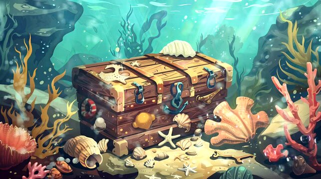 Ancient sea treasures box with artifacts. Fantasy landscape anime or cartoon style, looping 4k video animation background