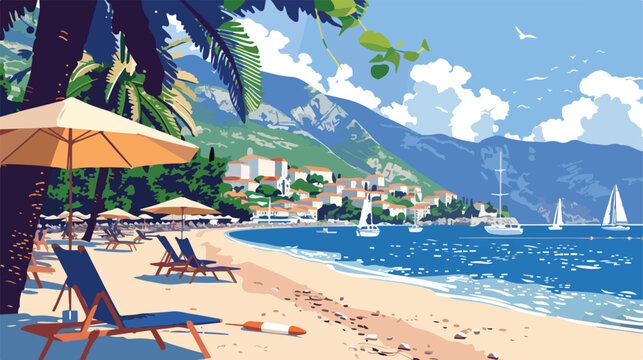 Summer beach with chairs and umbrellas in Montenegro