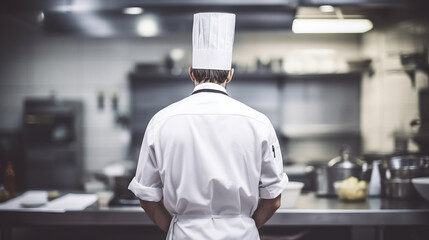 Professional chef wearing a toque in a commercial kitchen - obrazy, fototapety, plakaty