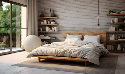 Stylish bedroom interior with wooden bed. 3d rendering mock up