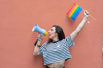 transgender LGBT hispanic celebrating rainbow flag and megaphone announcing equality isolated on...