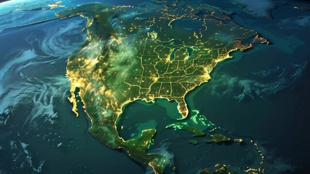 Explore the United States from above at night through a detailed satellite image showing city lights and urban areas across the country.