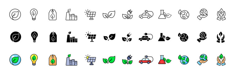 Ecology icon collection. Environment collection. Linear, silhouette and flat style. Vector icons