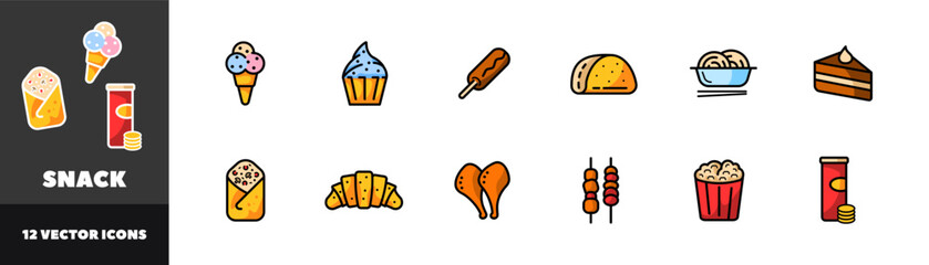 Snack icon set. Flat style. Vector icons