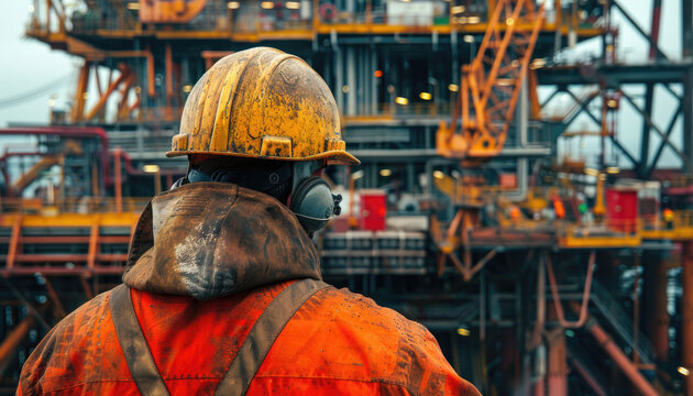 Workers wearing helmets and equipment against the background of an oil rig. by AI generated image
